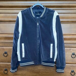 Women’s American Eagle Velvety Navy and Cream “Honestly” Bomber Jacket Large